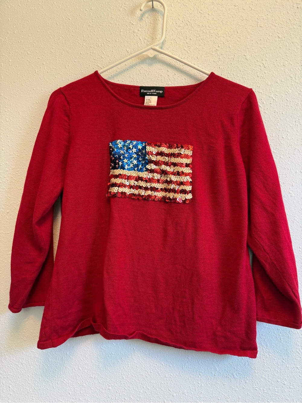 Russell Kemp Sequin USA Flag Red Sweater Cotton Blend